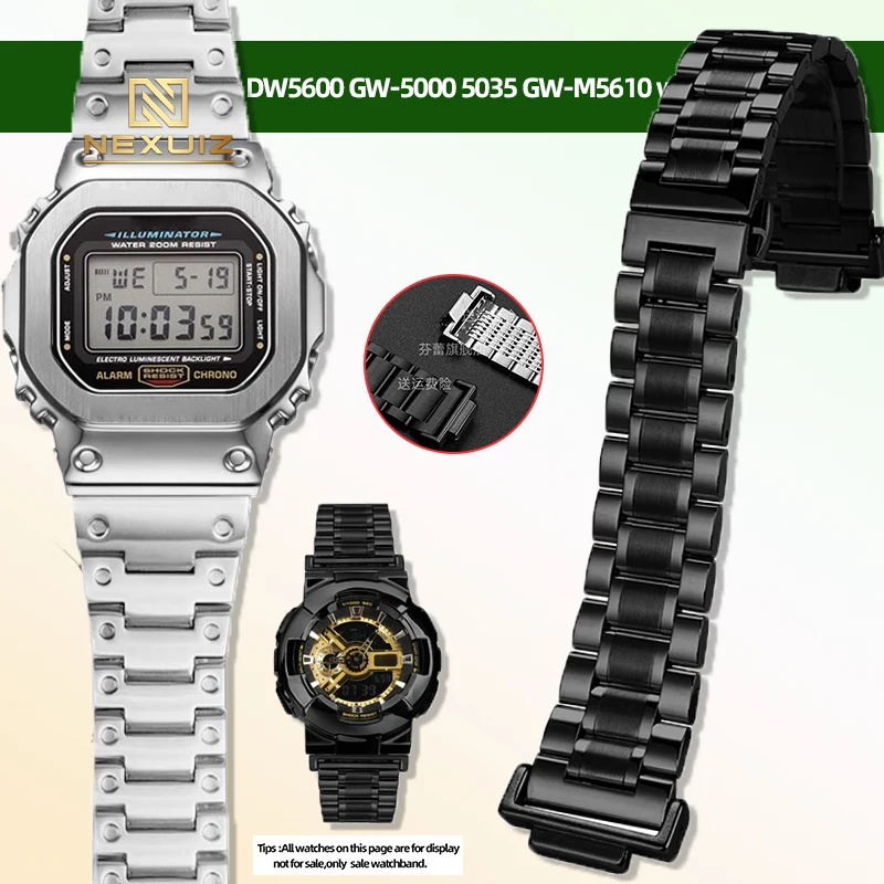 Silver Black High Quality Stainless Steel Strap For Casio G-shock DW5600 GW-5000 5035 GW-M5610 Watchband 16mm Men's Watch Chain