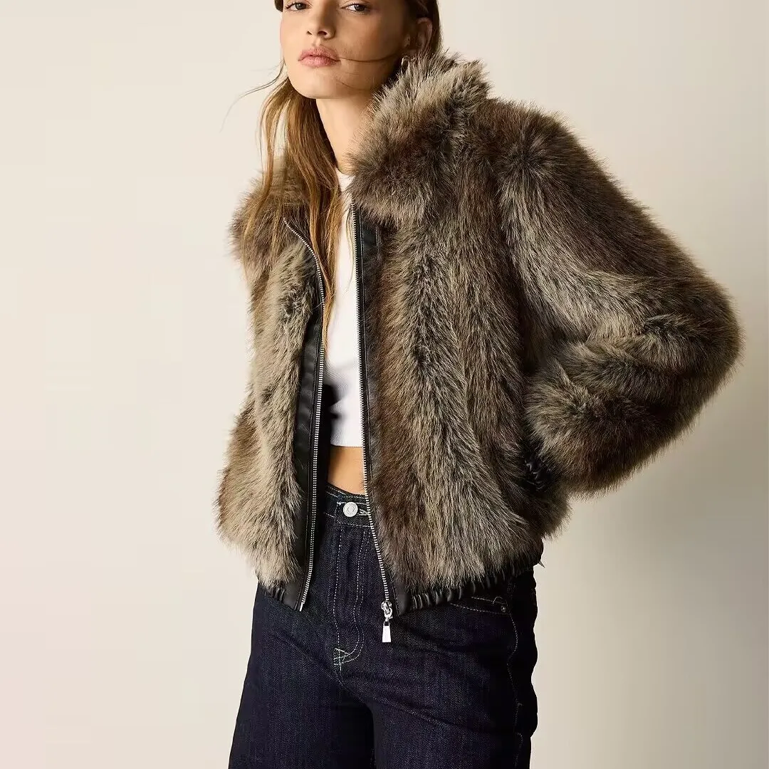 

ZBZR Autumn New Women's Faion Flip Collar Zipper Decorated Color Blo Fur Leather Jaet Loose Top Commute Sle ort Length