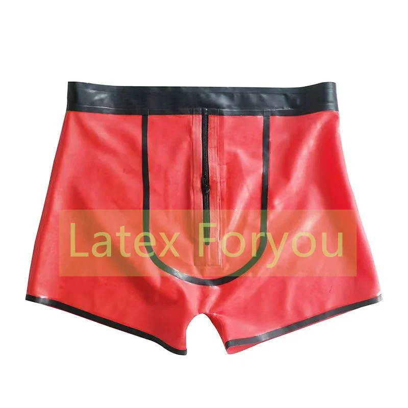 

Natural Latex Men's Sexy Boxer Short Red with Black Trim Gummi Latex Male Underpants with Front Zip Latex Panties Cosplay Party