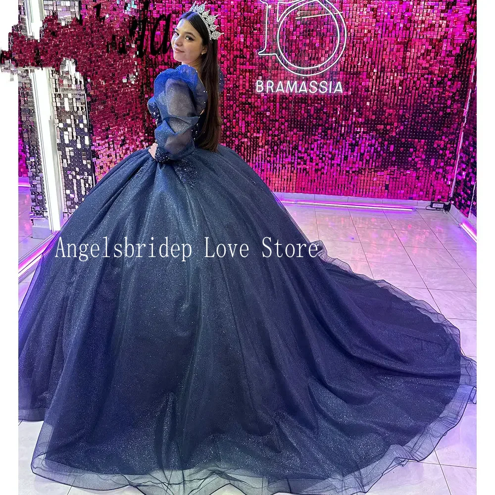 Angelsbridep Navy Blue Appliques Ball Gown 15Years Old Quinceanera Dresses Long Sleeves With 3D Flowers Birthday