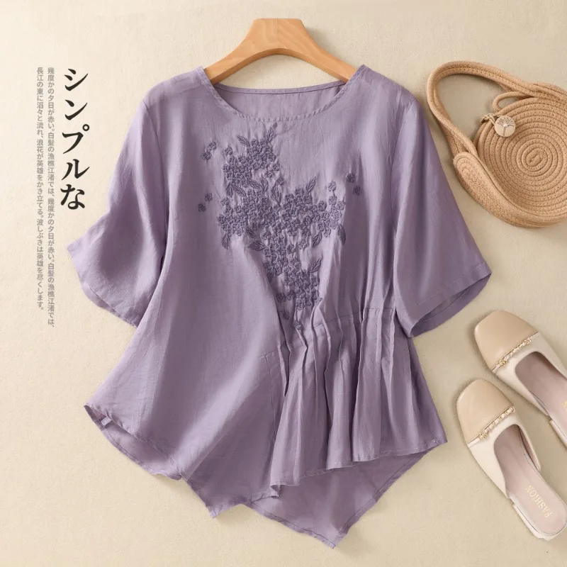 Cotton Linen Chinese Style Women\'s Shirt Summer Embroidery Vintage Blouses Loose Short Women Tops O-neck Clothing 2024 Korean