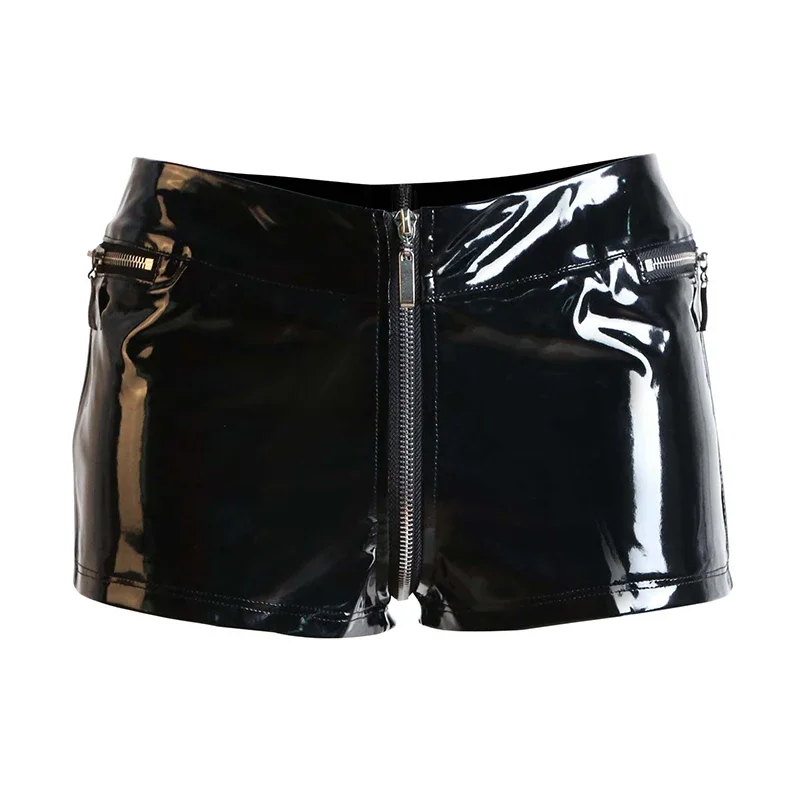 Women Shiny Patent Leather Shorts Open Crotch Zip Faux Latex Wet Look Hot Pants Ladies Sexy Disco Pole Dance Clubwear New Custom