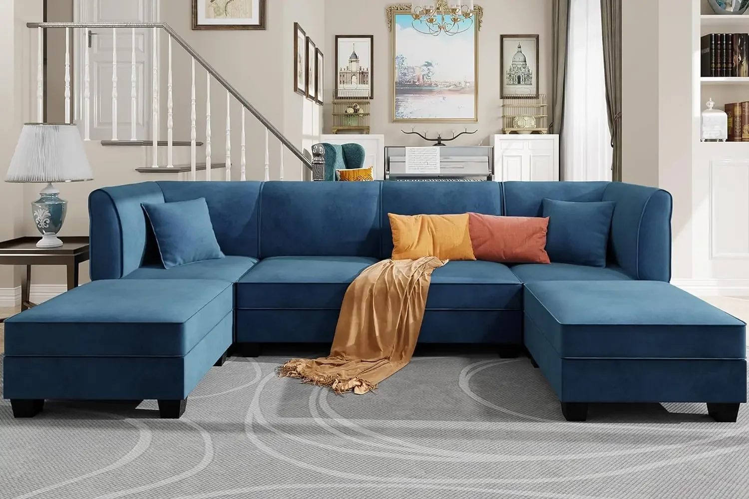 

% Модульный диван-диван с двусторонним шезлонгом, 116 дюймов, бархатный U-образный диван, 6-местный модульный большой секционный диван с пуфиком