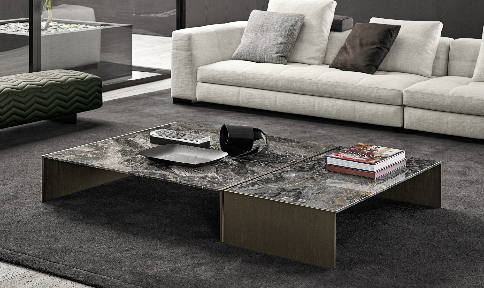 Luxury square stainless steel gold marble coffee table set