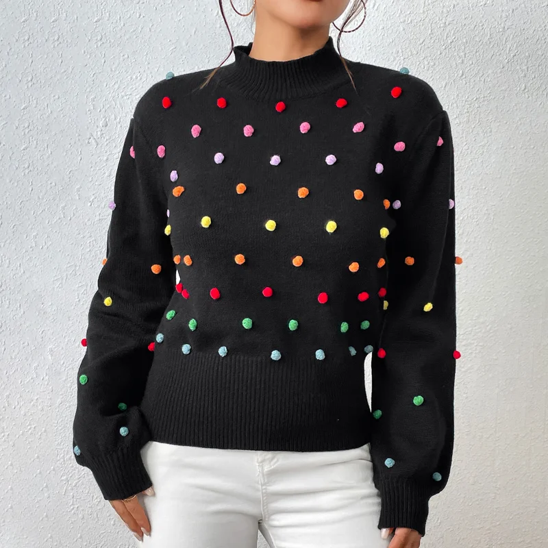 

Fashion Knit Winter Women Long Sleeve Pullover Elegant O Fur Ball Decoration Mock Neck Beaded Sweater