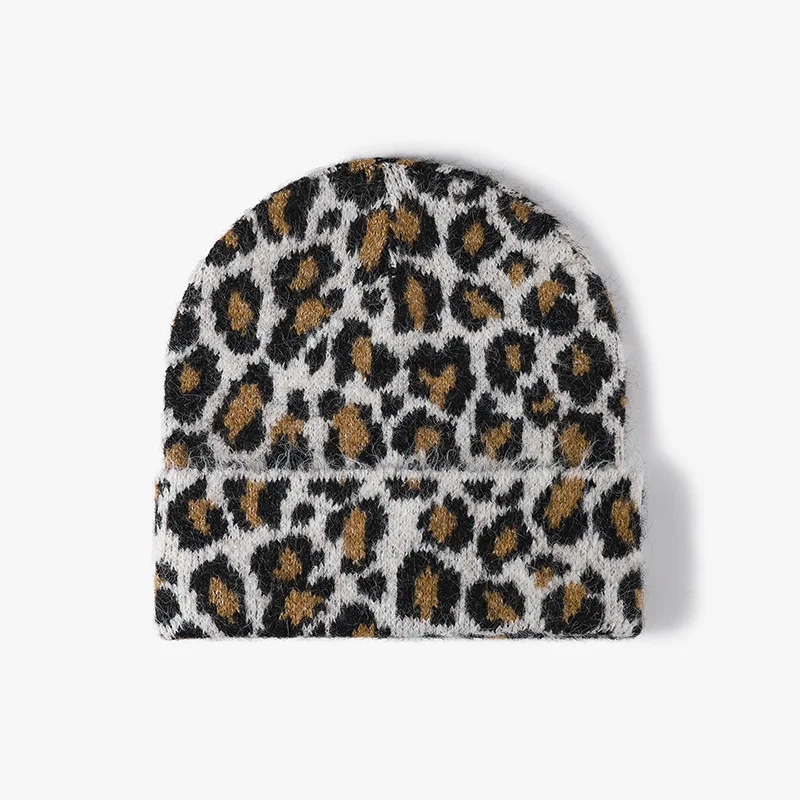 Amerikanische personalisierte Leopardenmuster-Strickmütze für Herbst und Winter, Wollmischung, warm, mit Ohrenschutz, Skull-Beanie für Damen – Detail 2