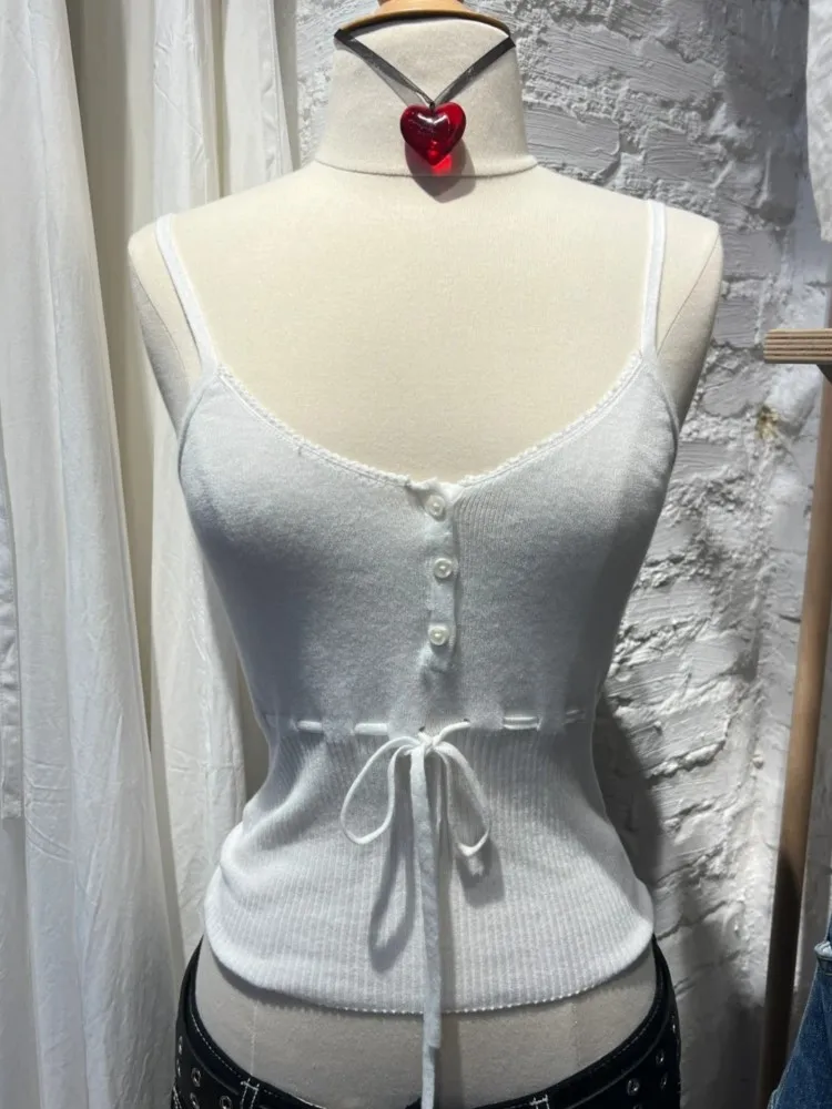 

Buttons Lace Trim Drawstring Knitted Tank Tops Women Slim Cotton High Waist V-neck Camis Simple Sweet Cute White Vests New