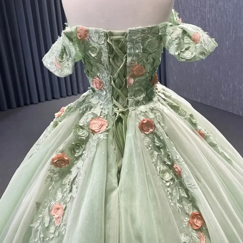 ANGELSBRIDEP Shiny Sage Green 3D Flower Quinceanera abiti Princess Vestidos De 15 Anos compleanno cenerentola 16 festa di compleanno