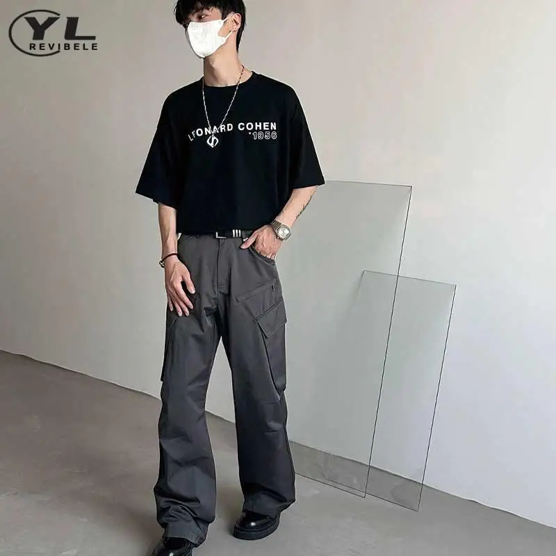 Grey Cargo Pant Men American Vintage Spring High Waisted Straight Pants Multi Pocket Baggy Casual Male Wide Leg Trousers Summer