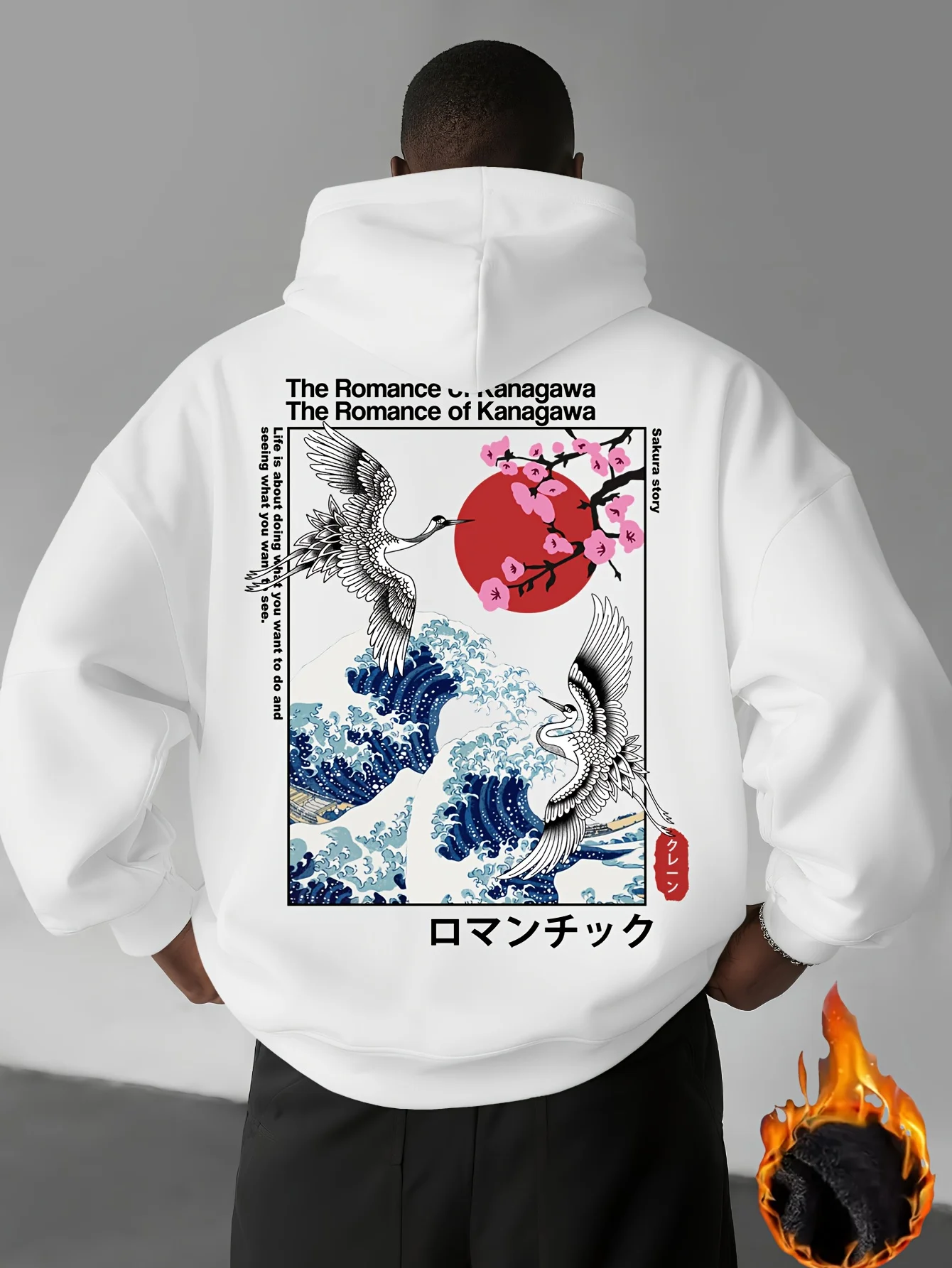 اليابان Ukiyoe ساكورا وموجة كبيرة كاناغاوا طباعة الرجال النساء مقنعين البلوز الخريف الشتاء اللياقة البدنية اليومية ملابس رياضية فضفاضة دافئة غير رسمية #1