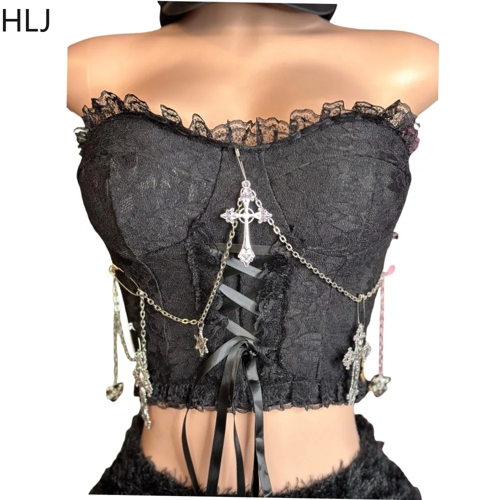 HLJ Black Sexy Y2K Punk Streetwear Women Chain Lace Up Slim Tube And Fur Tassels Mini Skirts Two Piece Sets Fashion 2pcs Outfits