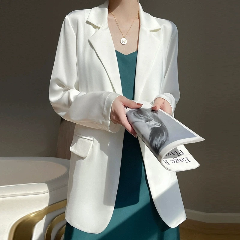 Women Long Sleeve Satin Blazer Jacket Elegant Casual Office Outerwear Y2K 2026 Autumn Solid Notch Lapel Slim Fit Chic Suit Coat