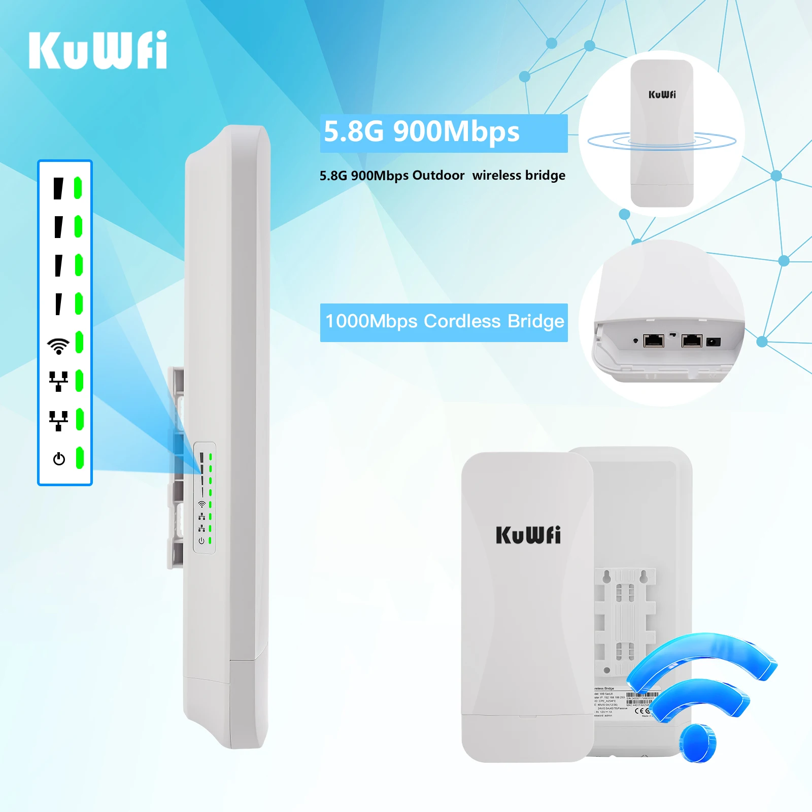 KuWFi 5.8GHz CPE 900Mbps Wireless Bridge Outdoor Wi-Fi Router Repeater 18dBi Antenna 8KM Wireless Transmission Gigabit Port IP65