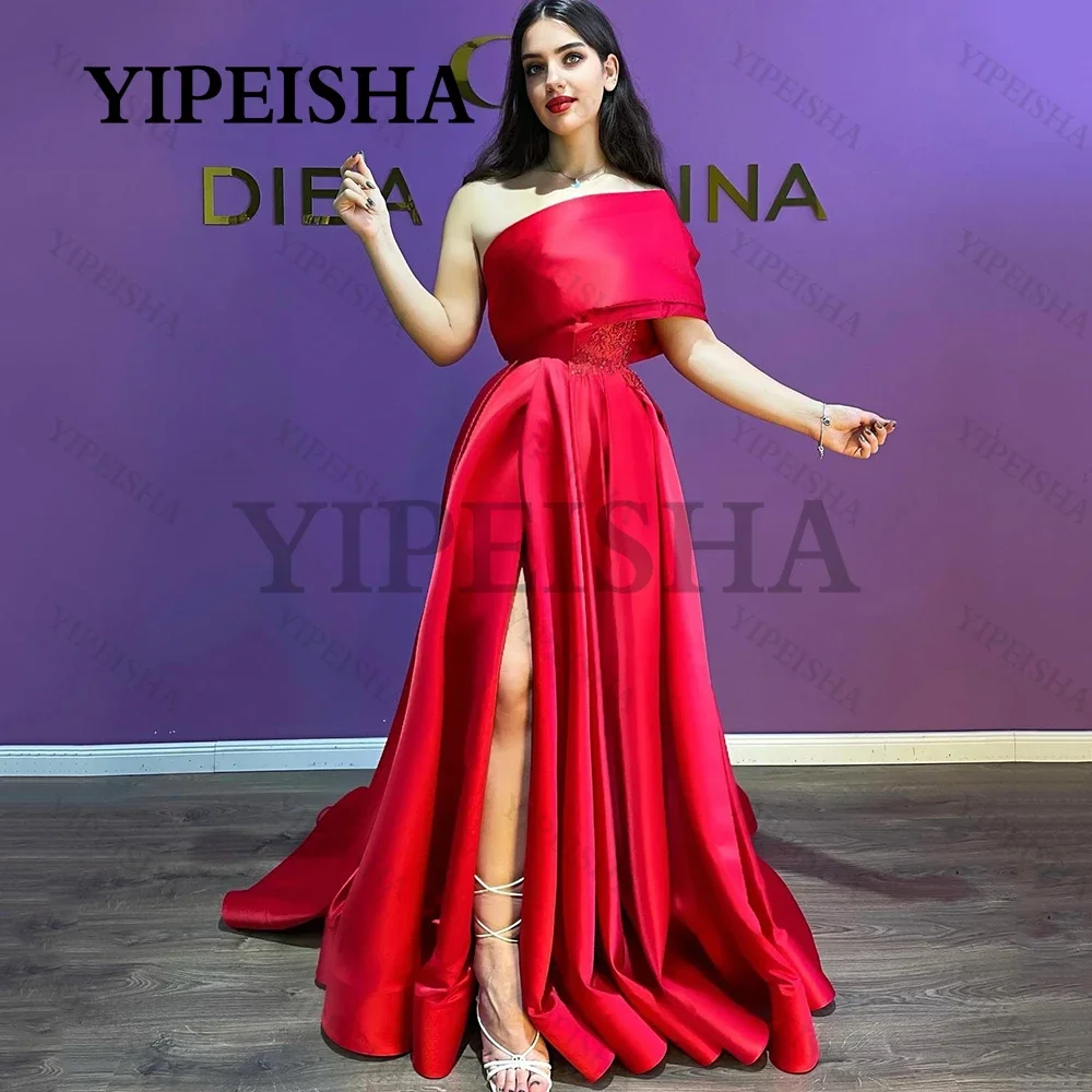 

One-Shoulder A-Line Red Evening Dresses Sweep Train Beading Lace Appliques Prom Gown Long Satin Party Dress robes de soirée