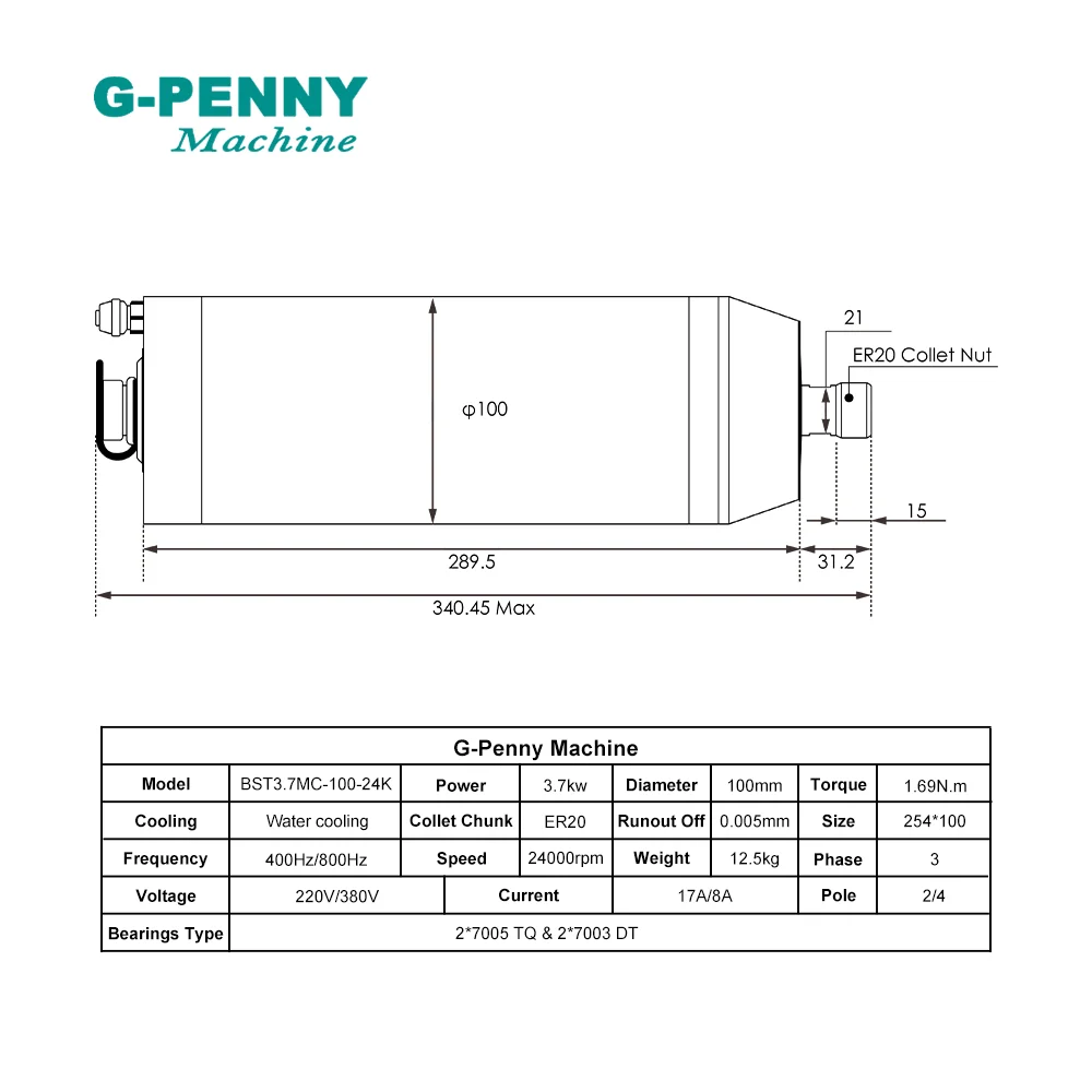 3.7KW CNC Metal Spindle Motor Kit, 400/ 800Hz G-PENNY 100mm Ceramic Bearings, Bullet Type& H100 Inverter& Pump