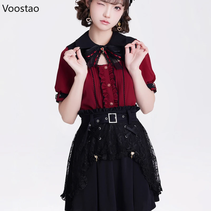 Harajuku Gothic Lolita Shirt Japanese Y2k Aesthetic Bow Lace Hollow Out Bat Collar Long Sleeve Blouse Women Elegant Clothes Tops