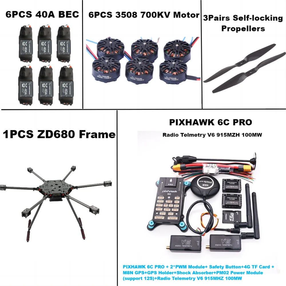 FPV ZD680 6C PRO M8N M9N M10 Kit de cadre hexagonal à bras pliable hexa-rotor entièrement en Fiber de carbone PIXHAWK avec train d'atterrissage indodable