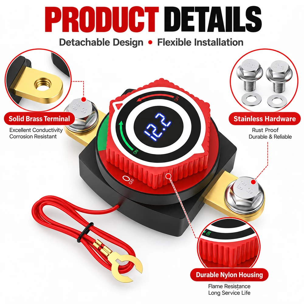 Seitenmontierter digitaler Batterietrennschalter DC5-80V mit LED-Voltmeter 275A Auto-Killschalter Ein-Aus-Batterietrennschalter – Detail 4