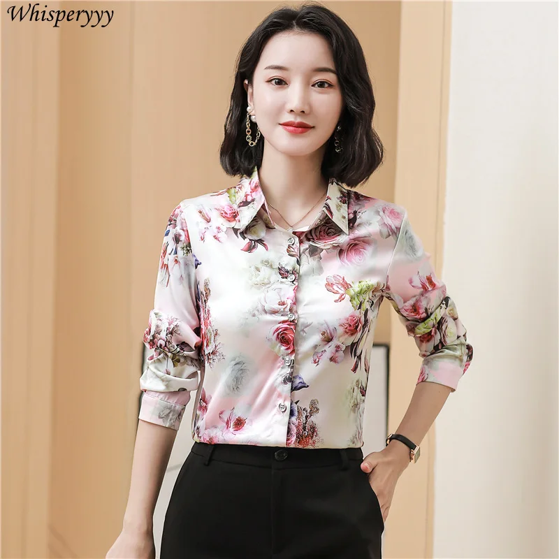 Атласная рубашка, топы с цветочным принтом, женская новая весенне-осенняя темпераментная рубашка, однобортная блузка с отложным воротником и длинными рукавами Femme