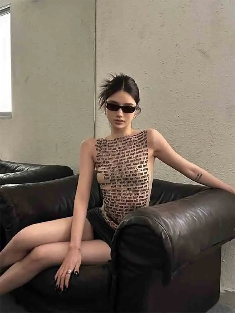 Fashion Trendy Round Collar Sleeveless Tank Mesh Sexy Article Print Slim Casual Top Women Hipster Wear