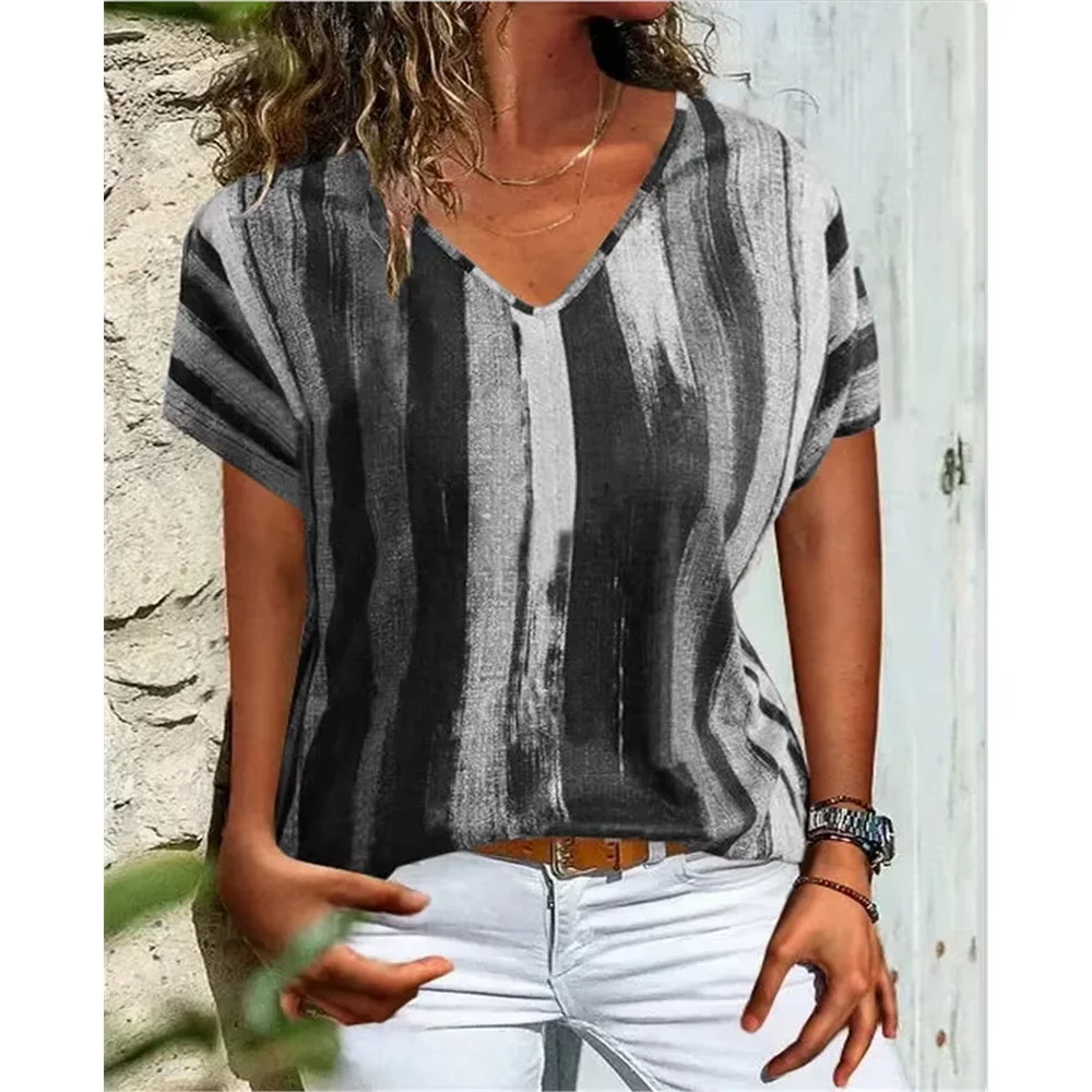 Striped Color Block 3D Printed T-Shirts Women\'s Casual Fashion Vintage Short Sleeve V-Neck T Shirt Girl Tees Tops Woman Clothing