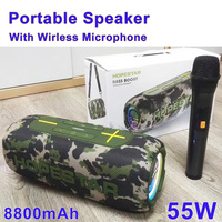 HOPESTAR Portable Wireless Speaker with Wireless Mic Duel Diaphragm Big Horn 55W High-Power Big Music Box Outdoor Super Bass