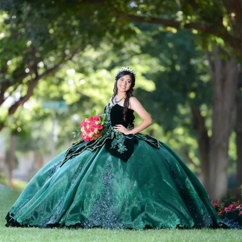 Vestido De baile De quinceañera con cuentas, verde De México, apliques De encaje, dulce 16, escalonado, fiesta De cumpleaños, 15 Años, 2024