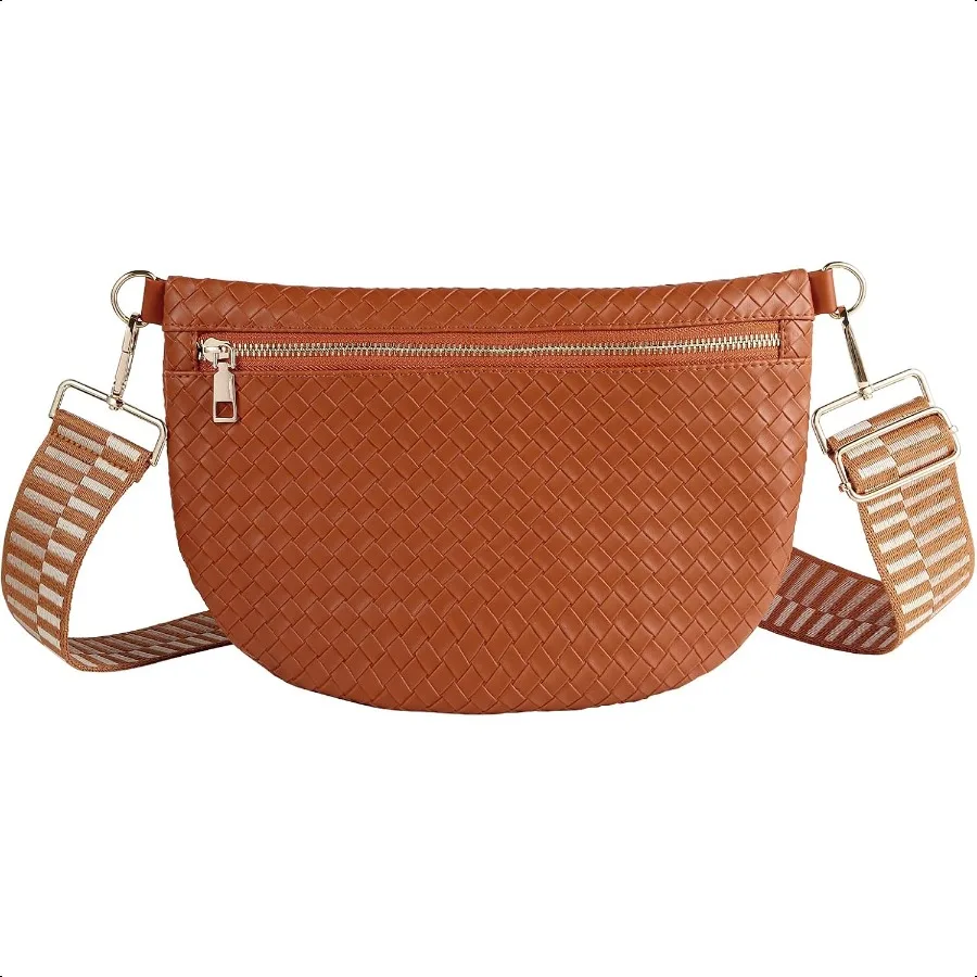 

Woven Crossbody Bags for Women Leather Belt Bum Sling Purse Fanny Waist Pack Chest Shoulder Bag for WomenBrown