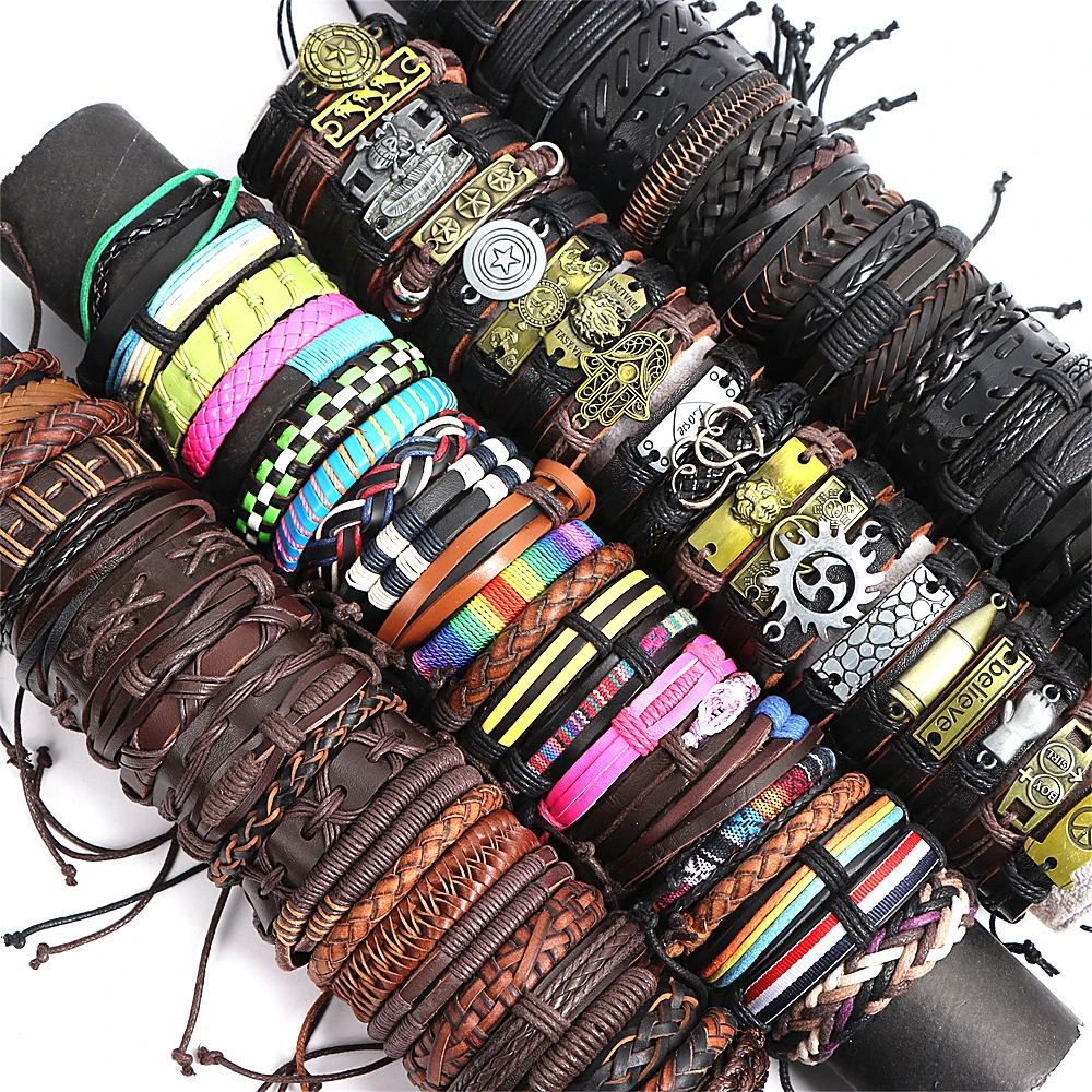 

Wholesale Bulk 50Pcs/Lot Handmade Cuff Wrist Leather Bracelets For Men Women Jewelry Gifts Mix Styles Size Adjustment