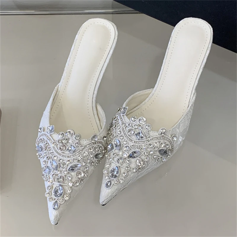 

Eilyken 2026 Spring Fashion Silk Crystal Pointed Toe Slippers Women Thin Low Heels Pumps Mules Party Slide Comfortable Shoes