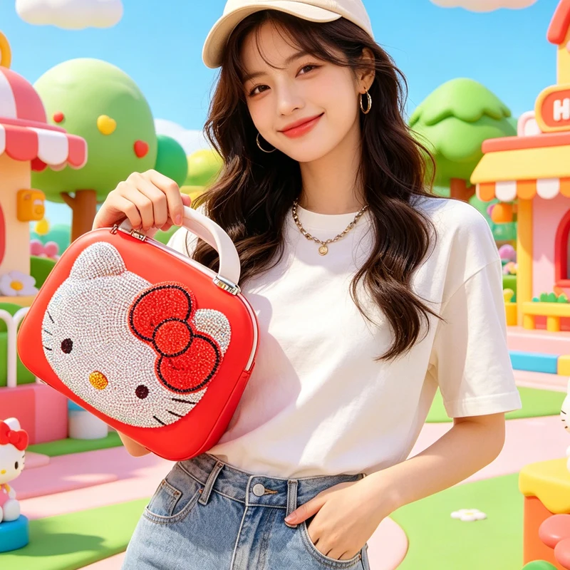 Portable Girl Travel Bag Hellokittys 14Inch Diamond Suitcase Gift Box Festival Souvenirs Cosmetic Large Capacity Case Suitcase