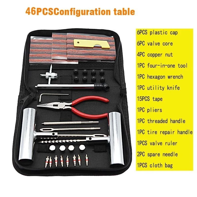 46Pcs Car Tire Repair Tool Tire Repair Kit Studding Tool Set Auto Bike Tire Repair Puncture Plug Garage Auto Accessories