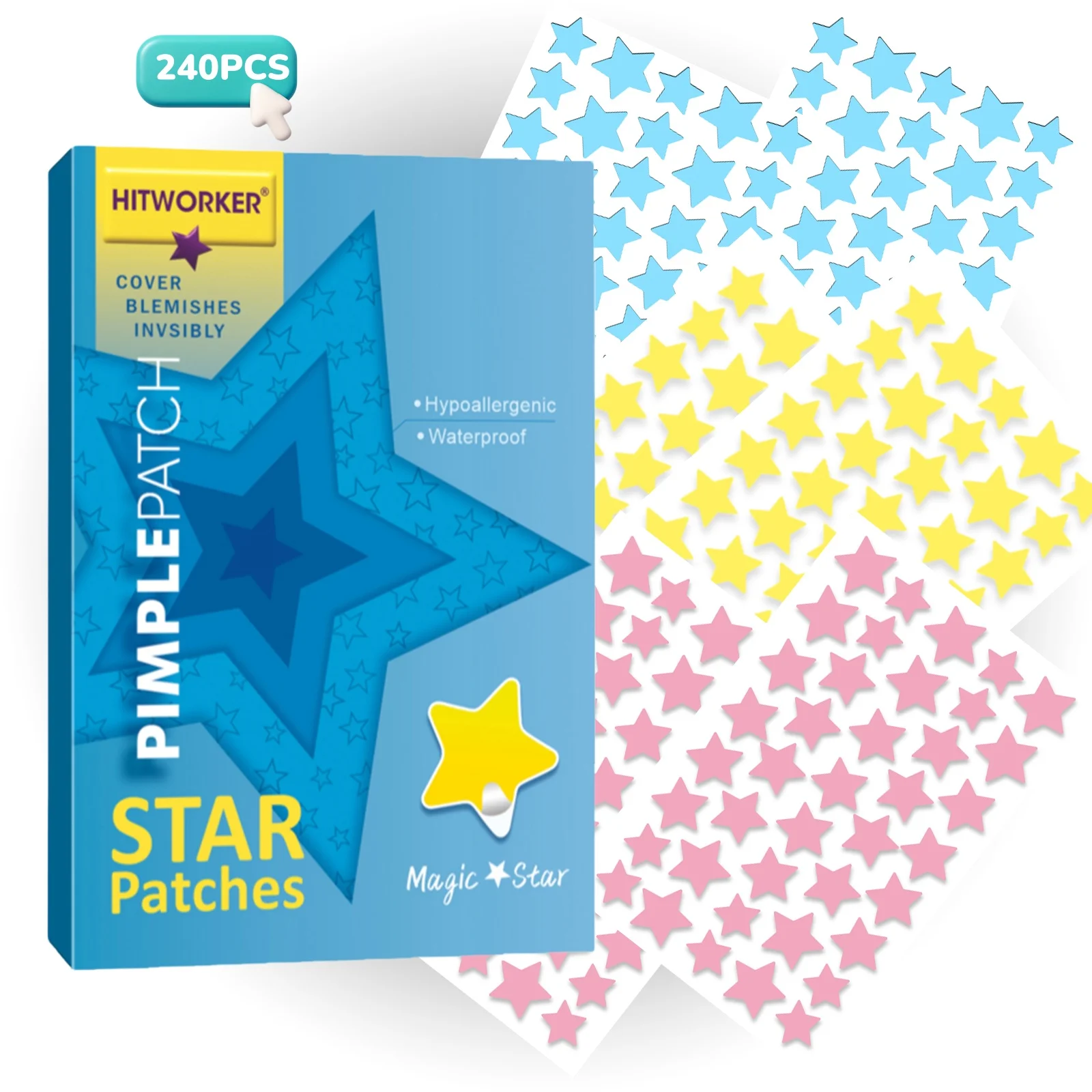 240PCS Colorful Star Pimple Patches for Face, Cute Blemish Cover Stickers, Mixed Color Facial Spot Patches
