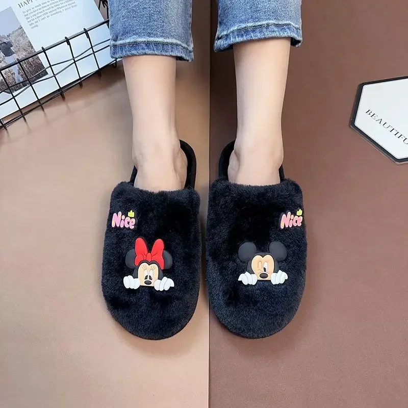 Disney Mickey Minnie Home Slippers Couple Winter Fluffy Furry Women Shoes Cute Cartoon Men Plush Slides Non-slip Floor Slipper