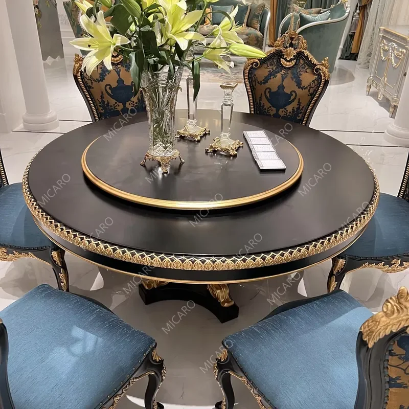French Classic Solid Wood Hand Carving Round Rotating Top Black Gold Leaf Gild Dining Table Set with Lazy Susan