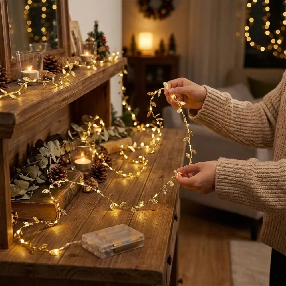 Golden Leaf String Lights Battery Operated Warm White for Weddings Birthday Parties Christmas Homes Garden Indoor Decors