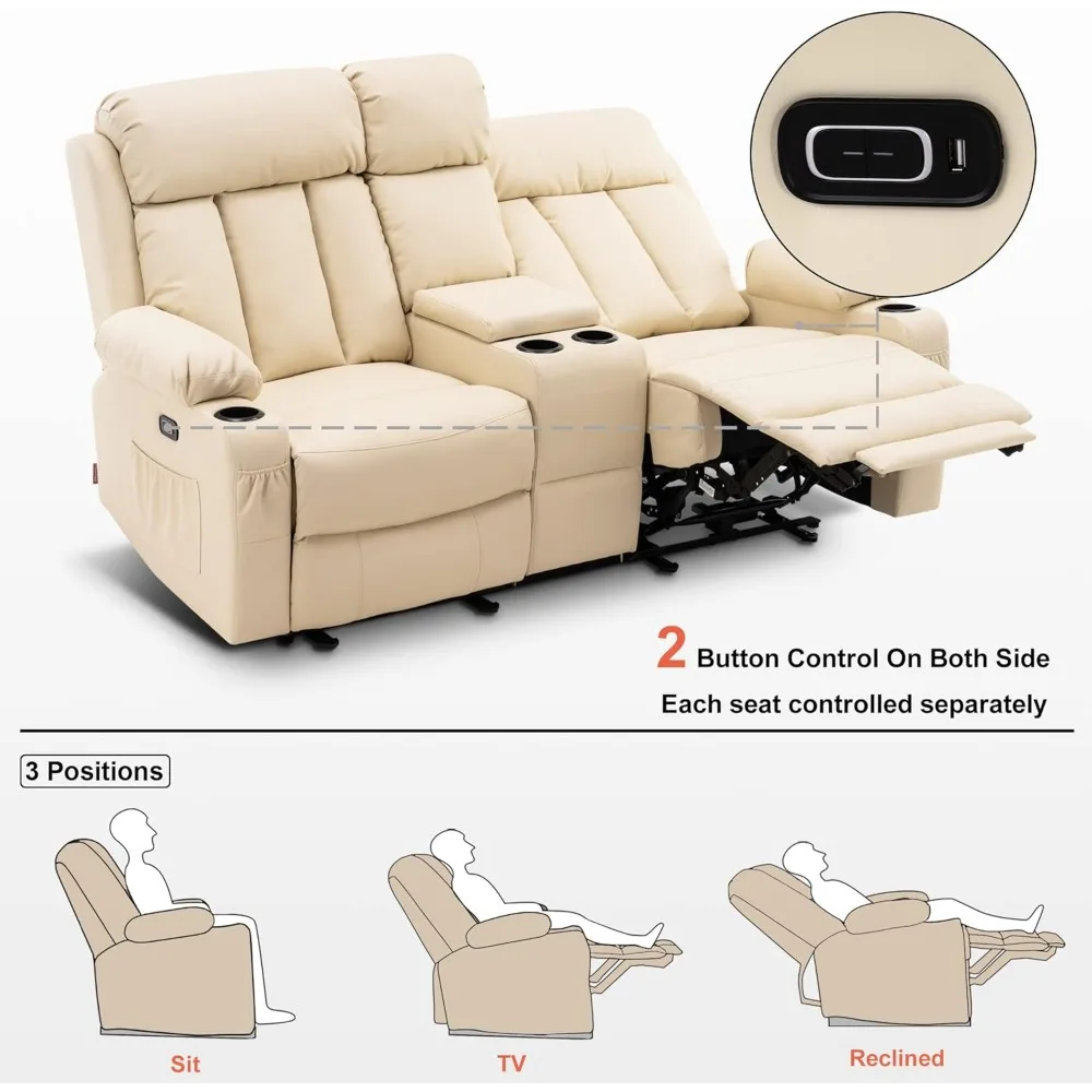 Electric Loveseat Recliner with Heat and Massage Function with USB Port with Console, Double Faux Leather Electric Recliner