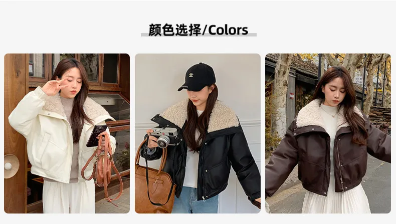 2026 Winter New Thick PU Leather Coat Women Cropped Fluffy Lapel Collar Padded Jacket Female Zip-up Streetwear Cool PU Parkas