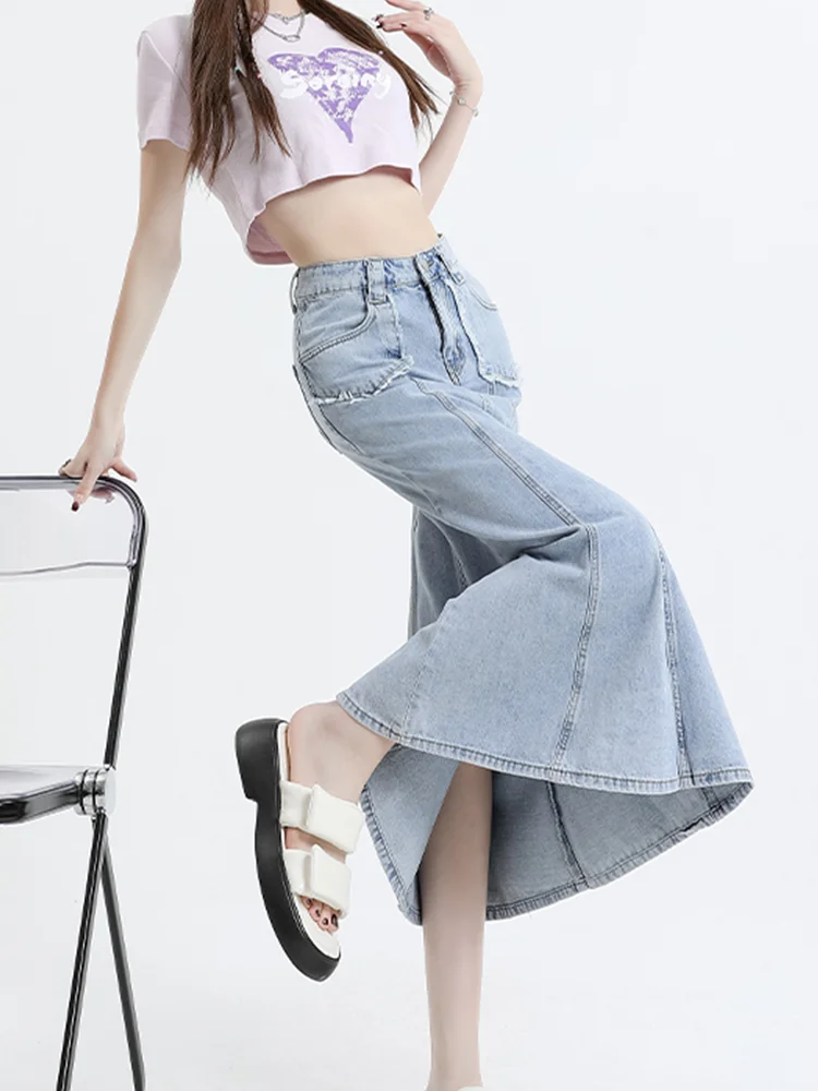 2024 Blue Denim Half Skirt Women's Slim Covering Crotch and Hip Covering Skirt Y2k New High Waist Slim Skirt Baggy Denim Trouser