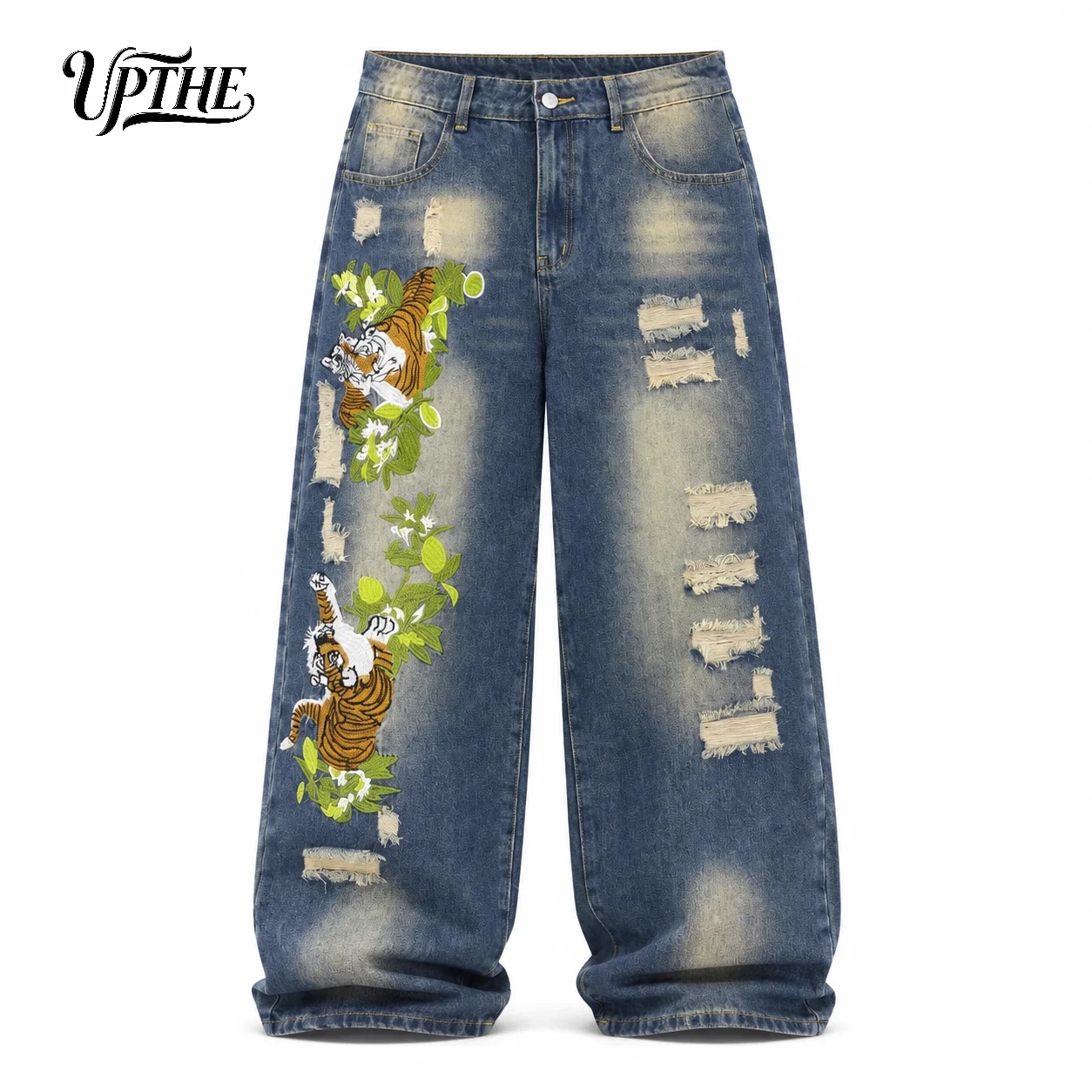 UP.THE Men Baggy Wide Leg Jeans, Vintage Washed Distressed Ripped Denim Pants, Y2K Oversized Loose Tiger Floral Embroidery Streetwear Jeans for Daily Casual Outfits