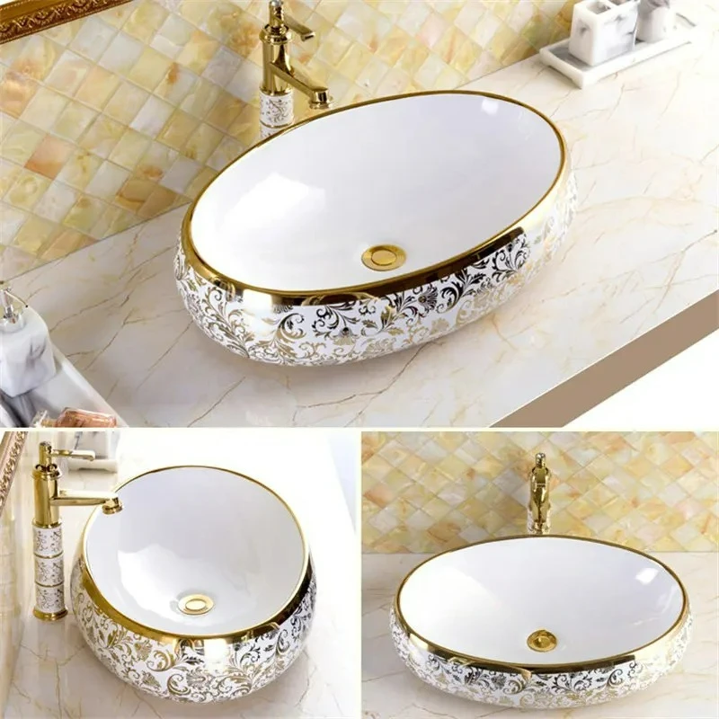 

Customizable European-style Ceramic Bathroom Sink Square Countertop Basin Round Gold Art Basin Luxury Washbasin Set Washin