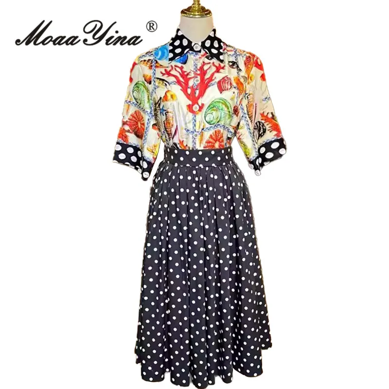 

MoaaYina Summer Fashion Designer High Quality Women Skirt Sets Real Silk Beach Floral Print Shirt+Dot Print Skirt 2 Pieces Set