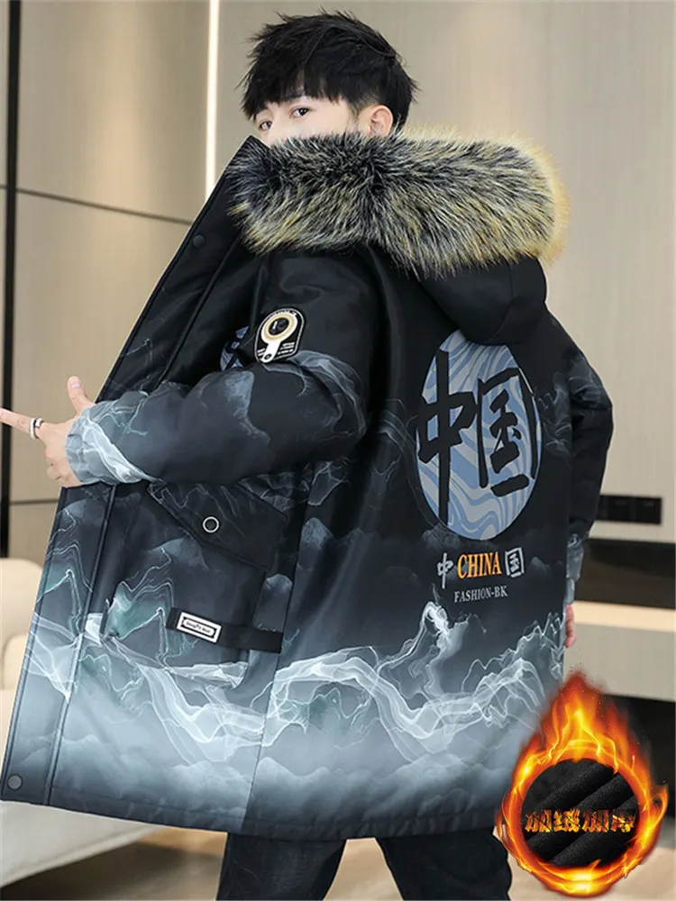 

Мужская теплая хлопковая куртка с капюшоном и большим меховым воротником, молодежная, приталенная, средней длины, зимняя верхняя одежда
