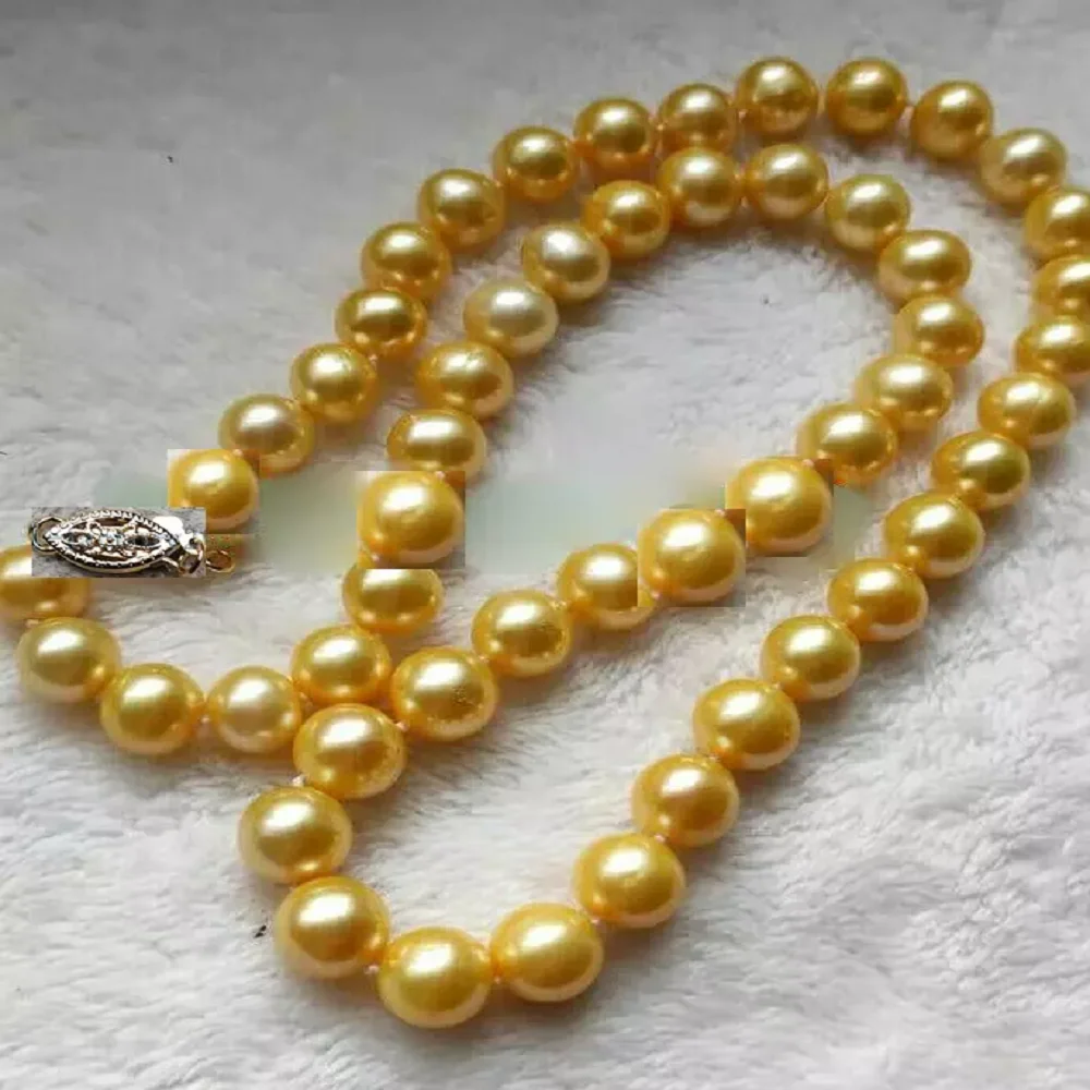 

Amazing AAA 9-10mm True Natural South Sea Gold Pearl Necklace with 14k Buckle 16/36inch