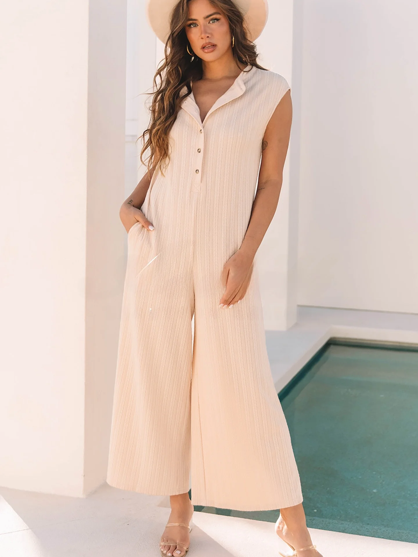 

Acelitt Pure Color Wide Leg Jumpsuit Women's Loose Fit Summer New Sle High Waist Long Pants Button Detail Polyester Fabric