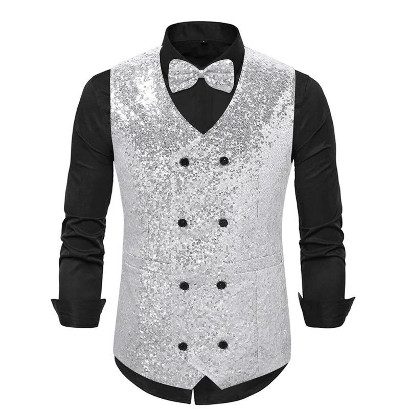 New Men Luxury Double-breasted Sequins Suit Vests Loose Splicing Tops Fashion Singer Stage Performance Dress Waistcoat