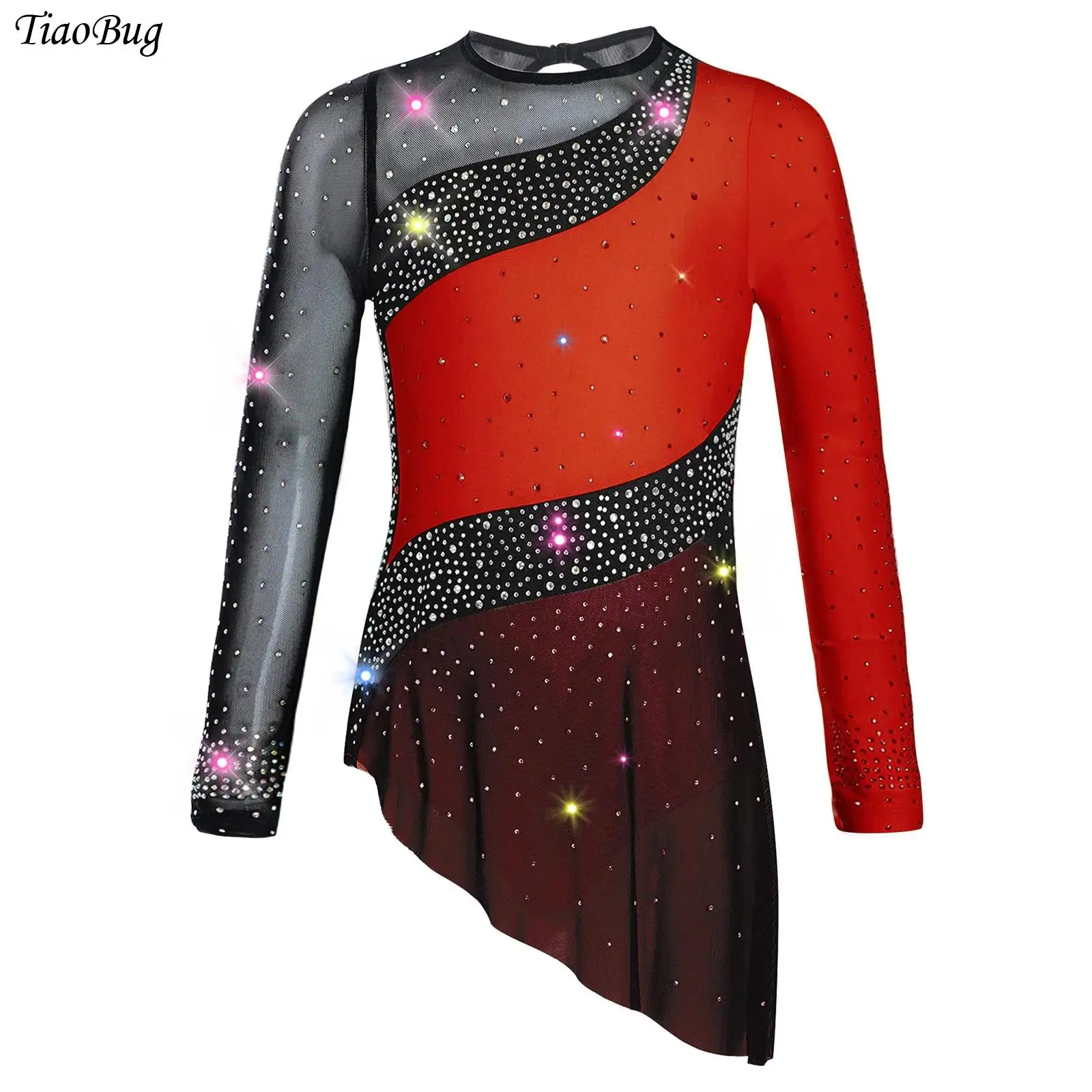 

Kids Girls Figure Skating Dress Rhythmic Gymnastics Ballet Dance Leotard Long Sleeve Sheer Mesh Rhinestone Lyrical Dance Costum
