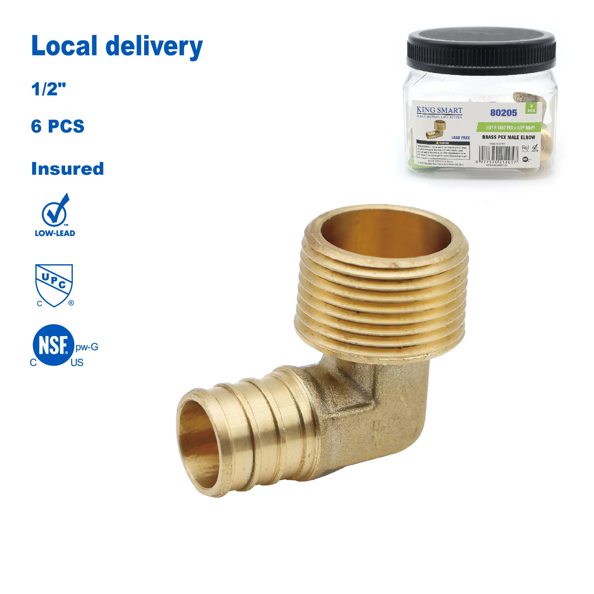

KING SMART Crimp/F1807 PEX 1/2" * 1/2" Male NPT Adapter Elbow; Lead Free Brass; 6Pcs/Case; 80205
