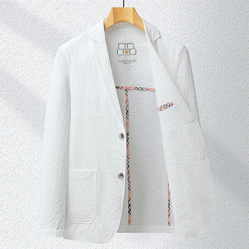 KIDWHXR Suit Coat Man Summer Thin Turn Down Collar Pocket Male Outerwear Single-breasted Slim Breathable Casual Men Blazer