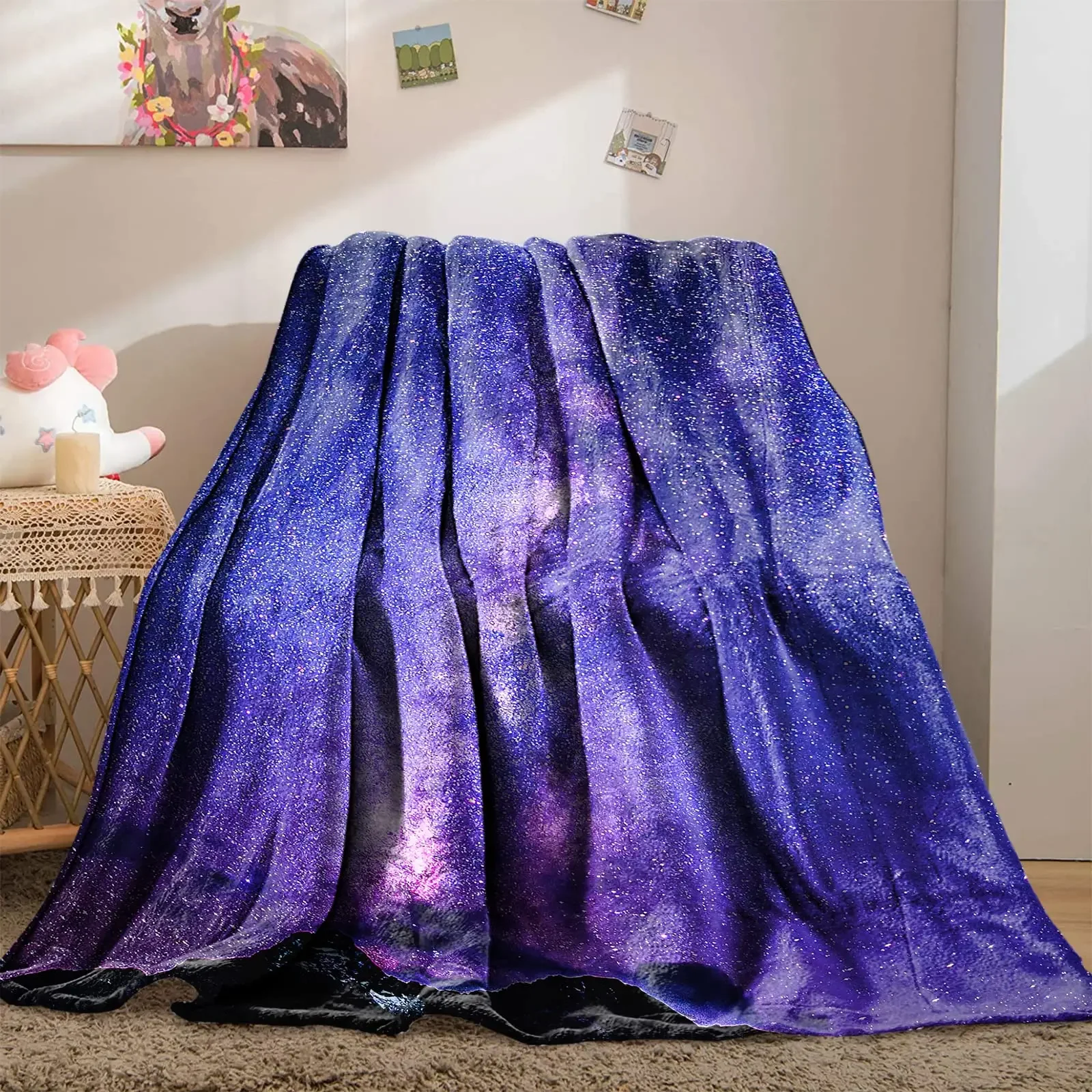Space Galaxy Star Flannel Throw Blanket Blue Purple Colour for Kids Boys Girls Gift Super Soft Warm King Queen Size Lightweight
